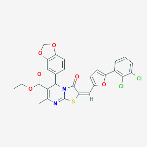 molecular formula C28H20Cl2N2O6S B388464 ethyl (2E)-5-(1,3-benzodioxol-5-yl)-2-{[5-(2,3-dichlorophenyl)furan-2-yl]methylidene}-7-methyl-3-oxo-2,3-dihydro-5H-[1,3]thiazolo[3,2-a]pyrimidine-6-carboxylate 
