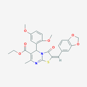 molecular formula C26H24N2O7S B388465 ethyl 2-(1,3-benzodioxol-5-ylmethylene)-5-(2,5-dimethoxyphenyl)-7-methyl-3-oxo-2,3-dihydro-5H-[1,3]thiazolo[3,2-a]pyrimidine-6-carboxylate 