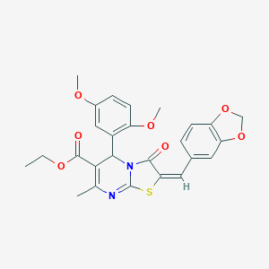 molecular formula C26H24N2O7S B388465 ETHYL (2E)-2-[(2H-1,3-BENZODIOXOL-5-YL)METHYLIDENE]-5-(2,5-DIMETHOXYPHENYL)-7-METHYL-3-OXO-2H,3H,5H-[1,3]THIAZOLO[3,2-A]PYRIMIDINE-6-CARBOXYLATE 