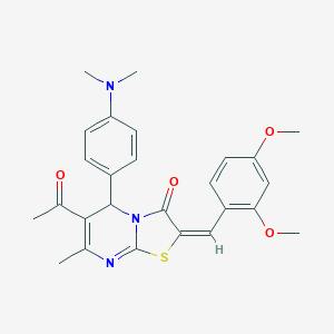 molecular formula C26H27N3O4S B388467 (2E)-6-acetyl-2-(2,4-dimethoxybenzylidene)-5-[4-(dimethylamino)phenyl]-7-methyl-5H-[1,3]thiazolo[3,2-a]pyrimidin-3(2H)-one 