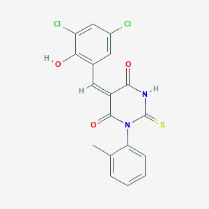 molecular formula C18H12Cl2N2O3S B388481 5-(3,5-dichloro-2-hydroxybenzylidene)-1-(2-methylphenyl)-2-thioxodihydro-4,6(1H,5H)-pyrimidinedione 