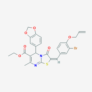 molecular formula C27H23BrN2O6S B388483 ethyl 2-[4-(allyloxy)-3-bromobenzylidene]-5-(1,3-benzodioxol-5-yl)-7-methyl-3-oxo-2,3-dihydro-5H-[1,3]thiazolo[3,2-a]pyrimidine-6-carboxylate 