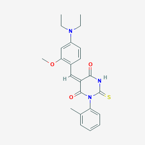 molecular formula C23H25N3O3S B388491 (5E)-5-[4-(diethylamino)-2-methoxybenzylidene]-1-(2-methylphenyl)-2-thioxodihydropyrimidine-4,6(1H,5H)-dione 
