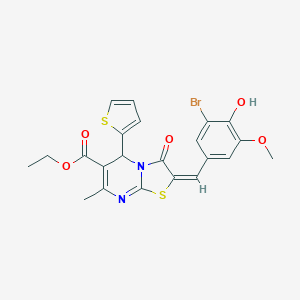 molecular formula C22H19BrN2O5S2 B388532 ethyl 2-(3-bromo-4-hydroxy-5-methoxybenzylidene)-7-methyl-3-oxo-5-(2-thienyl)-2,3-dihydro-5H-[1,3]thiazolo[3,2-a]pyrimidine-6-carboxylate 