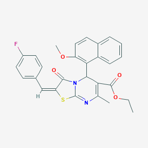 molecular formula C28H23FN2O4S B388533 ethyl (2E)-2-(4-fluorobenzylidene)-5-(2-methoxynaphthalen-1-yl)-7-methyl-3-oxo-2,3-dihydro-5H-[1,3]thiazolo[3,2-a]pyrimidine-6-carboxylate 
