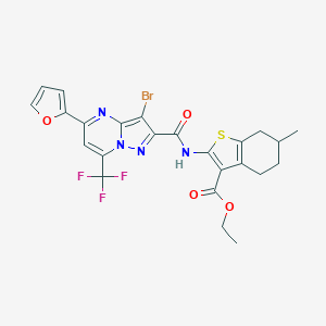 molecular formula C24H20BrF3N4O4S B388534 Ethyl 2-({[3-bromo-5-(2-furyl)-7-(trifluoromethyl)pyrazolo[1,5-a]pyrimidin-2-yl]carbonyl}amino)-6-methyl-4,5,6,7-tetrahydro-1-benzothiophene-3-carboxylate 