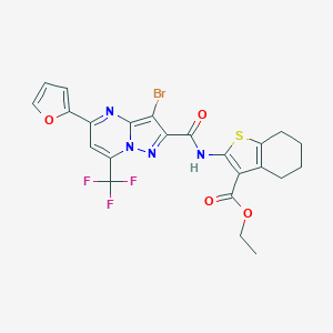 molecular formula C23H18BrF3N4O4S B388536 Ethyl 2-({[3-bromo-5-(2-furyl)-7-(trifluoromethyl)pyrazolo[1,5-a]pyrimidin-2-yl]carbonyl}amino)-4,5,6,7-tetrahydro-1-benzothiophene-3-carboxylate 