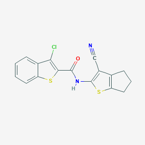 molecular formula C17H11ClN2OS2 B388543 3-chloro-N-(3-cyano-5,6-dihydro-4H-cyclopenta[b]thiophen-2-yl)-1-benzothiophene-2-carboxamide 