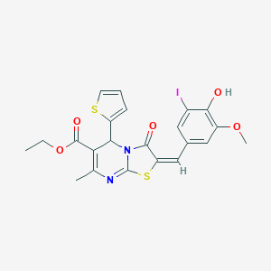 molecular formula C22H19IN2O5S2 B388546 ethyl 2-(4-hydroxy-3-iodo-5-methoxybenzylidene)-7-methyl-3-oxo-5-(2-thienyl)-2,3-dihydro-5H-[1,3]thiazolo[3,2-a]pyrimidine-6-carboxylate 
