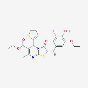 molecular formula C23H21IN2O5S2 B388551 ethyl 2-(3-ethoxy-4-hydroxy-5-iodobenzylidene)-7-methyl-3-oxo-5-(2-thienyl)-2,3-dihydro-5H-[1,3]thiazolo[3,2-a]pyrimidine-6-carboxylate 
