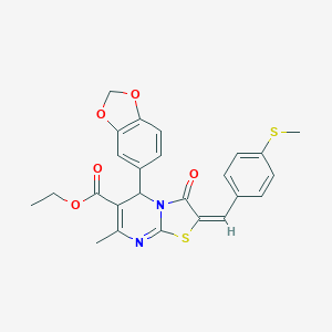 molecular formula C25H22N2O5S2 B388555 ethyl 5-(1,3-benzodioxol-5-yl)-7-methyl-2-[4-(methylsulfanyl)benzylidene]-3-oxo-2,3-dihydro-5H-[1,3]thiazolo[3,2-a]pyrimidine-6-carboxylate 