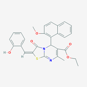 molecular formula C28H24N2O5S B388557 ethyl 2-(2-hydroxybenzylidene)-5-(2-methoxy-1-naphthyl)-7-methyl-3-oxo-2,3-dihydro-5H-[1,3]thiazolo[3,2-a]pyrimidine-6-carboxylate 