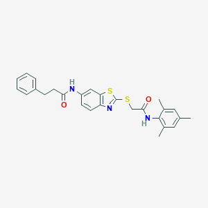 molecular formula C27H27N3O2S2 B388566 N~1~-(2-{[2-(mesitylamino)-2-oxoethyl]sulfanyl}-1,3-benzothiazol-6-yl)-3-phenylpropanamide 