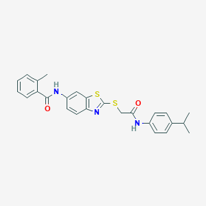 molecular formula C26H25N3O2S2 B388574 N-(2-{[2-(4-isopropylanilino)-2-oxoethyl]sulfanyl}-1,3-benzothiazol-6-yl)-2-methylbenzamide 