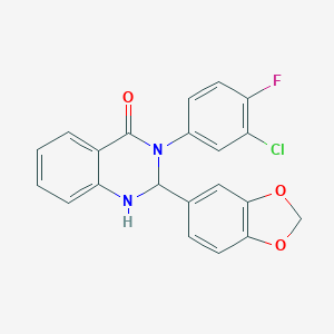 molecular formula C21H14ClFN2O3 B388606 2-(1,3-benzodioxol-5-yl)-3-(3-chloro-4-fluorophenyl)-2,3-dihydro-4(1H)-quinazolinone 