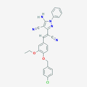 molecular formula C28H22ClN5O2 B388610 5-amino-3-(2-{4-[(4-chlorobenzyl)oxy]-3-ethoxyphenyl}-1-cyanovinyl)-1-phenyl-1H-pyrazole-4-carbonitrile 