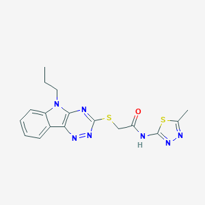 molecular formula C17H17N7OS2 B388651 N-(5-methyl-1,3,4-thiadiazol-2-yl)-2-[(5-propyl-5H-[1,2,4]triazino[5,6-b]indol-3-yl)sulfanyl]acetamide 