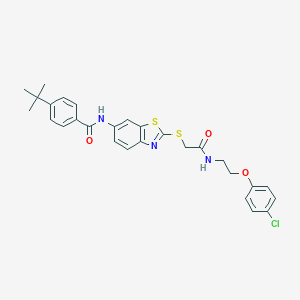 molecular formula C28H28ClN3O3S2 B388696 4-tert-butyl-N-{2-[(2-{[2-(4-chlorophenoxy)ethyl]amino}-2-oxoethyl)sulfanyl]-1,3-benzothiazol-6-yl}benzamide 