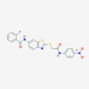 molecular formula C22H15FN4O4S2 B388705 2-fluoro-N-[2-({2-[(4-nitrophenyl)amino]-2-oxoethyl}sulfanyl)-1,3-benzothiazol-6-yl]benzamide 