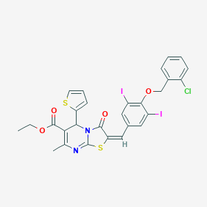 ethyl (2E)-2-{4-[(2-chlorobenzyl)oxy]-3,5-diiodobenzylidene}-7-methyl-3-oxo-5-(thiophen-2-yl)-2,3-dihydro-5H-[1,3]thiazolo[3,2-a]pyrimidine-6-carboxylate