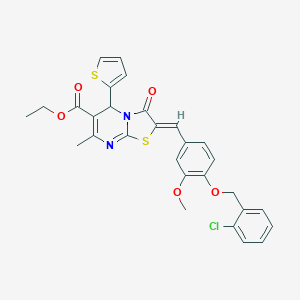 molecular formula C29H25ClN2O5S2 B388731 ethyl 2-((Z)-1-{4-[(2-chlorobenzyl)oxy]-3-methoxyphenyl}methylidene)-7-methyl-3-oxo-5-(2-thienyl)-5H-[1,3]thiazolo[3,2-a]pyrimidine-6(3H)-carboxylate 