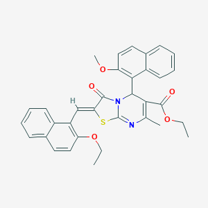 molecular formula C34H30N2O5S B388733 ethyl (2Z)-2-[(2-ethoxynaphthalen-1-yl)methylidene]-5-(2-methoxynaphthalen-1-yl)-7-methyl-3-oxo-2,3-dihydro-5H-[1,3]thiazolo[3,2-a]pyrimidine-6-carboxylate 