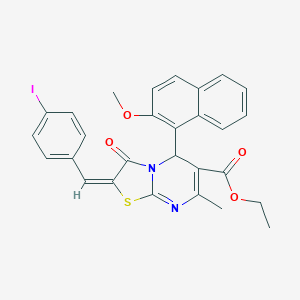 molecular formula C28H23IN2O4S B388746 ethyl 2-(4-iodobenzylidene)-5-(2-methoxy-1-naphthyl)-7-methyl-3-oxo-2,3-dihydro-5H-[1,3]thiazolo[3,2-a]pyrimidine-6-carboxylate 