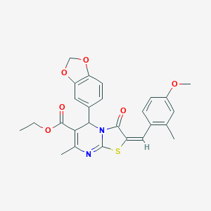 molecular formula C26H24N2O6S B388755 ethyl 5-(1,3-benzodioxol-5-yl)-2-(4-methoxy-2-methylbenzylidene)-7-methyl-3-oxo-2,3-dihydro-5H-[1,3]thiazolo[3,2-a]pyrimidine-6-carboxylate 