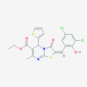 molecular formula C21H16Cl2N2O4S2 B388758 ethyl 2-(3,5-dichloro-2-hydroxybenzylidene)-7-methyl-3-oxo-5-(2-thienyl)-2,3-dihydro-5H-[1,3]thiazolo[3,2-a]pyrimidine-6-carboxylate 