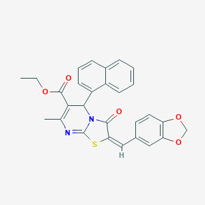 molecular formula C28H22N2O5S B388786 ethyl 2-(1,3-benzodioxol-5-ylmethylene)-7-methyl-5-(1-naphthyl)-3-oxo-2,3-dihydro-5H-[1,3]thiazolo[3,2-a]pyrimidine-6-carboxylate 