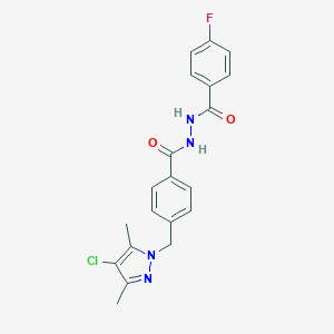 molecular formula C20H18ClFN4O2 B388827 4-[(4-chloro-3,5-dimethyl-1H-pyrazol-1-yl)methyl]-N'-(4-fluorobenzoyl)benzohydrazide 