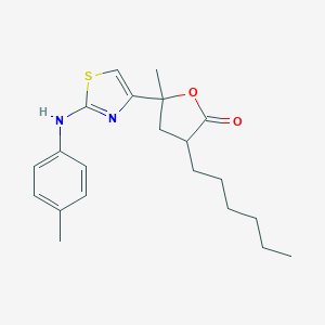 molecular formula C21H28N2O2S B388828 3-hexyl-5-methyl-5-{2-[(4-methylphenyl)amino]-1,3-thiazol-4-yl}dihydrofuran-2(3H)-one CAS No. 312585-62-9