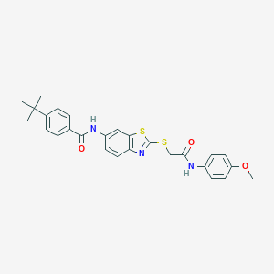 molecular formula C27H27N3O3S2 B388833 4-tert-butyl-N-(2-{[2-(4-methoxyanilino)-2-oxoethyl]sulfanyl}-1,3-benzothiazol-6-yl)benzamide 