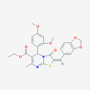 molecular formula C26H24N2O7S B388869 ethyl 2-(1,3-benzodioxol-5-ylmethylene)-5-(2,4-dimethoxyphenyl)-7-methyl-3-oxo-2,3-dihydro-5H-[1,3]thiazolo[3,2-a]pyrimidine-6-carboxylate 