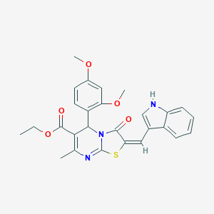 molecular formula C27H25N3O5S B388870 ethyl 5-(2,4-dimethoxyphenyl)-2-(1H-indol-3-ylmethylene)-7-methyl-3-oxo-2,3-dihydro-5H-[1,3]thiazolo[3,2-a]pyrimidine-6-carboxylate 