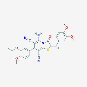 molecular formula C28H26N4O5S B388883 5-amino-2-(3-ethoxy-4-methoxybenzylidene)-7-(3-ethoxy-4-methoxyphenyl)-3-oxo-2,3-dihydro-7H-[1,3]thiazolo[3,2-a]pyridine-6,8-dicarbonitrile 