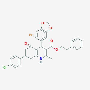 molecular formula C32H27BrClNO5 B388896 2-Phenylethyl 4-(6-bromo-1,3-benzodioxol-5-yl)-7-(4-chlorophenyl)-2-methyl-5-oxo-1,4,5,6,7,8-hexahydro-3-quinolinecarboxylate 