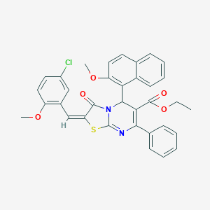 molecular formula C34H27ClN2O5S B388926 ethyl (2E)-2-(5-chloro-2-methoxybenzylidene)-5-(2-methoxynaphthalen-1-yl)-3-oxo-7-phenyl-2,3-dihydro-5H-[1,3]thiazolo[3,2-a]pyrimidine-6-carboxylate 