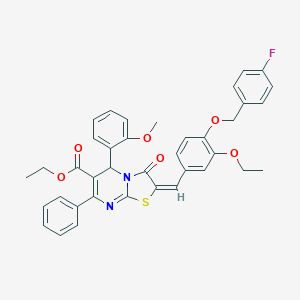molecular formula C38H33FN2O6S B388933 ethyl 2-{3-ethoxy-4-[(4-fluorobenzyl)oxy]benzylidene}-5-(2-methoxyphenyl)-3-oxo-7-phenyl-2,3-dihydro-5H-[1,3]thiazolo[3,2-a]pyrimidine-6-carboxylate 