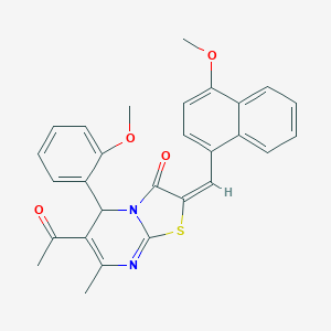 molecular formula C28H24N2O4S B388942 (2E)-6-acetyl-2-[(4-methoxynaphthalen-1-yl)methylidene]-5-(2-methoxyphenyl)-7-methyl-5H-[1,3]thiazolo[3,2-a]pyrimidin-3(2H)-one 
