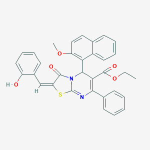 molecular formula C33H26N2O5S B388946 ethyl (2E)-2-(2-hydroxybenzylidene)-5-(2-methoxynaphthalen-1-yl)-3-oxo-7-phenyl-2,3-dihydro-5H-[1,3]thiazolo[3,2-a]pyrimidine-6-carboxylate 