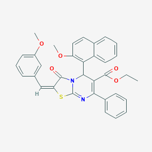 molecular formula C34H28N2O5S B388947 ethyl (2E)-2-(3-methoxybenzylidene)-5-(2-methoxynaphthalen-1-yl)-3-oxo-7-phenyl-2,3-dihydro-5H-[1,3]thiazolo[3,2-a]pyrimidine-6-carboxylate 