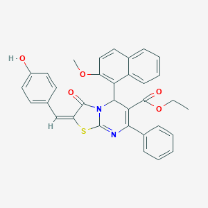 molecular formula C33H26N2O5S B388951 ethyl (2E)-2-(4-hydroxybenzylidene)-5-(2-methoxynaphthalen-1-yl)-3-oxo-7-phenyl-2,3-dihydro-5H-[1,3]thiazolo[3,2-a]pyrimidine-6-carboxylate 