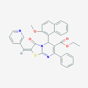 molecular formula C32H25N3O4S B388953 ethyl (2E)-5-(2-methoxynaphthalen-1-yl)-3-oxo-7-phenyl-2-(pyridin-3-ylmethylidene)-2,3-dihydro-5H-[1,3]thiazolo[3,2-a]pyrimidine-6-carboxylate 