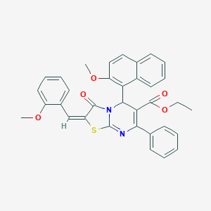 molecular formula C34H28N2O5S B388955 ethyl (2E)-2-(2-methoxybenzylidene)-5-(2-methoxynaphthalen-1-yl)-3-oxo-7-phenyl-2,3-dihydro-5H-[1,3]thiazolo[3,2-a]pyrimidine-6-carboxylate 
