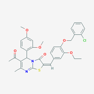molecular formula C33H31ClN2O6S B388956 6-acetyl-2-{4-[(2-chlorobenzyl)oxy]-3-ethoxybenzylidene}-5-(2,4-dimethoxyphenyl)-7-methyl-5H-[1,3]thiazolo[3,2-a]pyrimidin-3(2H)-one 