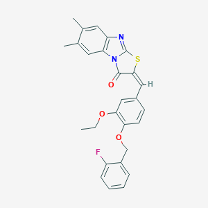 molecular formula C27H23FN2O3S B388988 2-{3-ethoxy-4-[(2-fluorobenzyl)oxy]benzylidene}-6,7-dimethyl[1,3]thiazolo[3,2-a]benzimidazol-3(2H)-one 