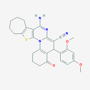 molecular formula C28H28N4O3S B389043 8-amino-5-(2,4-dimethoxyphenyl)-4-oxo-1,3,4,5,10,11,12,13-octahydro-2H,9H-cyclohepta[4',5']thieno[3',2':5,6]pyrimido[1,2-a]quinoline-6-carbonitrile 