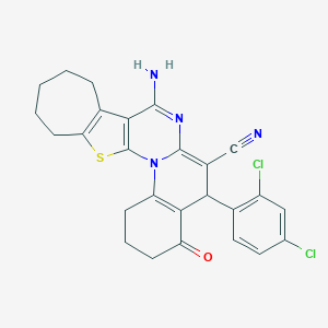 molecular formula C26H22Cl2N4OS B389055 8-amino-5-(2,4-dichlorophenyl)-4-oxo-1,3,4,5,10,11,12,13-octahydro-2H,9H-cyclohepta[4',5']thieno[3',2':5,6]pyrimido[1,2-a]quinoline-6-carbonitrile 