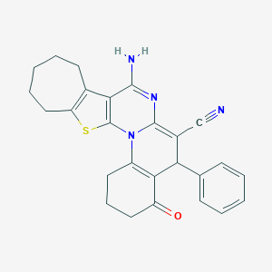 molecular formula C26H24N4OS B389056 8-amino-4-oxo-5-phenyl-1,3,4,5,10,11,12,13-octahydro-2H,9H-cyclohepta[4',5']thieno[3',2':5,6]pyrimido[1,2-a]quinoline-6-carbonitrile 